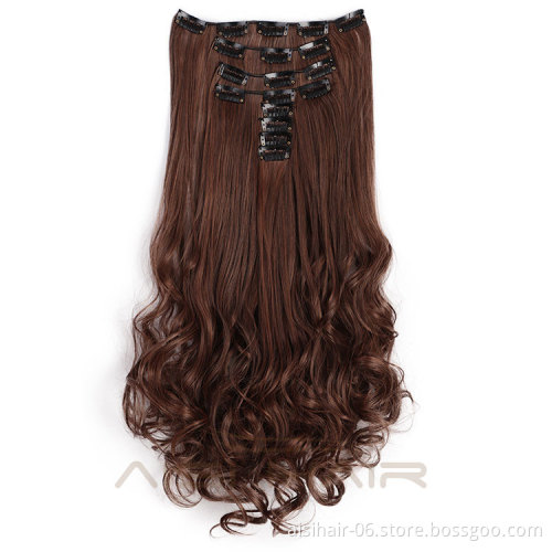 Aisi Hair Synthetic 8 Pcs Full Head Long Wavy High Temperature Fiber 18 Clips In Hair Extensions Brown Hairpieces For Women